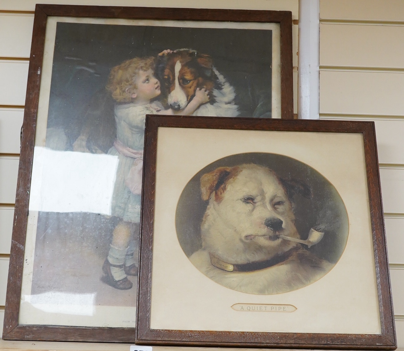 From the Studio of Fred Cuming. Two vintage Pears colour lithographs, comprising 'A quiet pipe' and 'Don't tell', from the painting by A G Elsley, one published by Cassell & Co., Ltd., largest 60 x 46cm. Condition - poor
